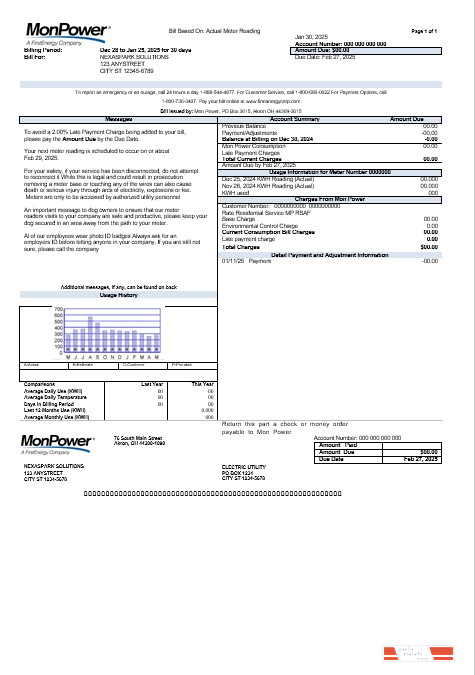 USA Mon Power business utility bill template in Word and PDF formats
